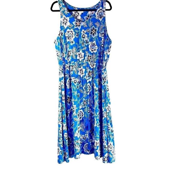 J. Jill v-neck sleeveless blue & orange print floral dress w tassel ties L Petit - Picture 1 of 9
